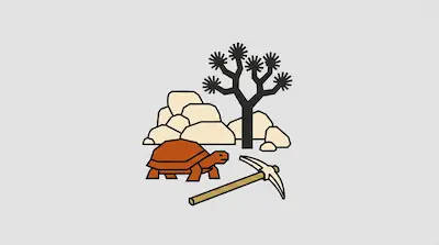 Flat illustration of Joshua Tree National Park with distinctive tree, desert boulders, tortoise, and pickaxe