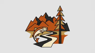 Flat illustration of Klamath Mountains with evergreen peaks, winding river, and jumping fish in earthy tones