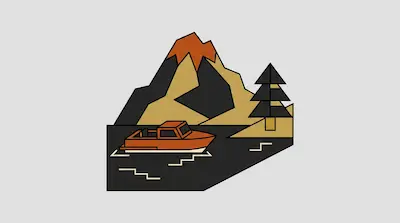 An orange boat floats on dark water with a large mountain and a single evergreen tree in the background.