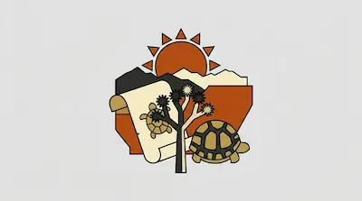 Flat illustration of Mojave Desert with bright sun, Joshua trees, and desert tortoises