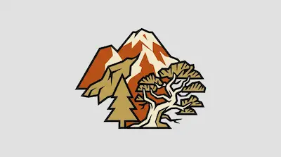 Mount Shasta with snow-capped peak, orange slopes, golden evergreen trees, and forested mountain terrain.