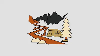 Flat illustration of Mount Whitney with jagged peaks, evergreen forest, and rocky terrain