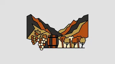 Napa Valley illustration with rolling hills, wine barrel, and vineyard grapevines