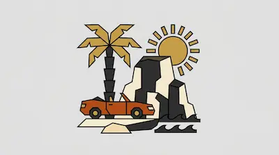 A geometric scene featuring an orange convertible car, a palm tree, a rocky cliff, and a large sun over stylized waves.
