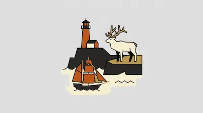 Point Reyes illustration with a lighthouse on a dark headland, a tule elk, and a tall ship with orange sails