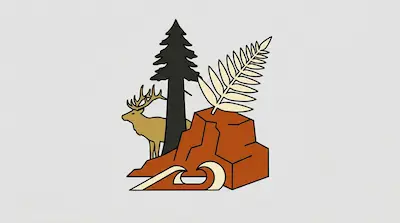 Redwood National Park illustration with a towering redwood tree, an elk, and a giant fern over orange rocks