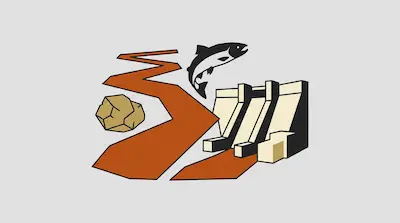 Flat illustration of Sacramento River with winding orange course, leaping salmon, and concrete dam