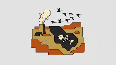 Flat illustration of Salton Sea with industrial factory, dead fish skeleton, and flock of birds