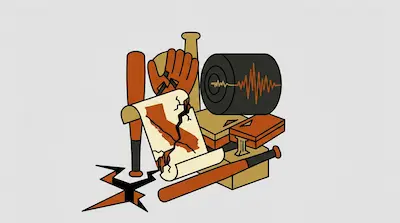 Flat illustration of San Andreas Fault showing California, seismic wave diagram, and geology tools