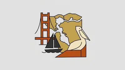 Flat illustration of San Francisco Bay with iconic Golden Gate Bridge, sailboat, and shoreline