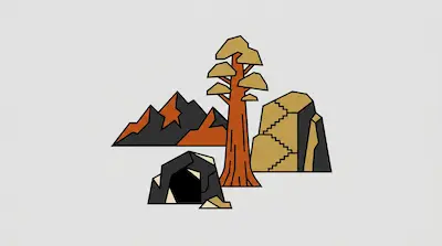 Flat illustration of Sequoia National Park with giant redwood trees, forest tunnel, and rocks