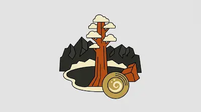 Flat illustration of Sierra Nevada with mountain peaks, giant redwood tree, and forest camping