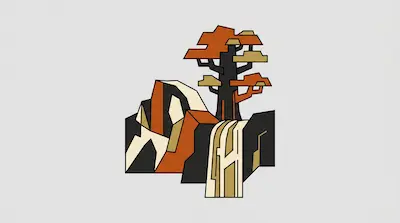 A geometric landscape featuring a stylized tree, mountains, and a waterfall in shades of orange, tan, and black.