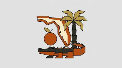 Geometric icons of the state of Florida, an orange, a palm tree, and an alligator.