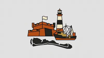 Amelia Island illustrated as a map with a striped lighthouse, brick fort, and wooden ship in muted tones