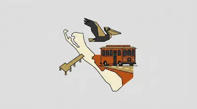 Anna Maria Island map with a flying pelican, wooden bench, and vintage orange trolley car on a coastal road