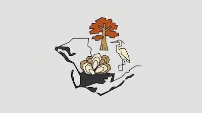 Apalachicola Bay map showing an oak tree, wetland hand formation, and alligator amid cream and burnt orange tones