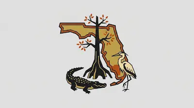 Big Cypress National Preserve map with distinctive bald cypress tree, alligator, and thick mangrove growth