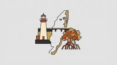 Biscayne Bay map featuring a striped lighthouse, coral reef formations, and a swimming sea turtle in warm tones