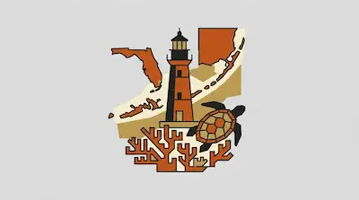 Biscayne National Park map with a coastal lighthouse, colorful coral branches, and marine sea turtle illustration