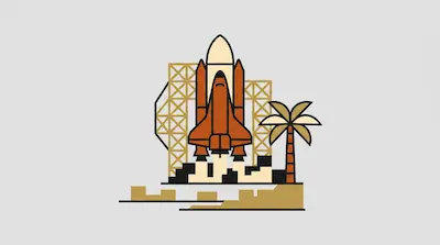 A stylized space shuttle on a launchpad next to a palm tree and a lattice tower.
