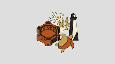 Flat illustration of Dry Tortugas featuring an orange fort, a striped lighthouse, and golden coral formations.