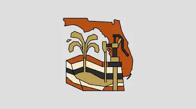 Florida Aquifer shows geological layers in orange and cream, a water pump system, and palm tree