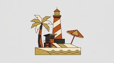 A geometric beach scene with a striped lighthouse, palm tree, lifeguard tower, and beach umbrella.