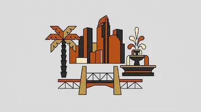 A stylized graphic of a palm tree, city skyline, fountain, and bridge in shades of orange and tan.