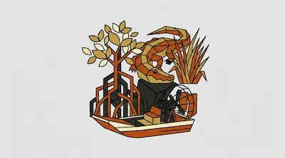 A geometric alligator, mangrove tree, and airboat in shades of orange and brown.