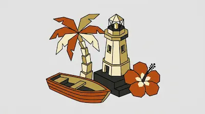 A geometric palm tree, lighthouse, rowboat, and hibiscus flower in shades of orange, tan, and cream.