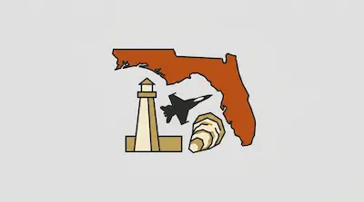 Florida Panhandle state map with coastal outline, palmetto plant, and water extraction system