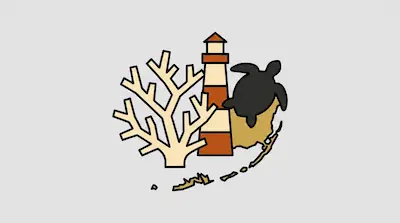 Florida Reef region with lighthouse, aircraft silhouette, and decorative seashell display