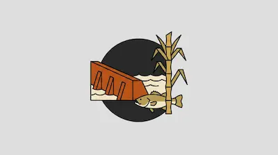 Flat illustration of Lake Okeechobee with circular shoreline, marsh plants, dock structure, and fish