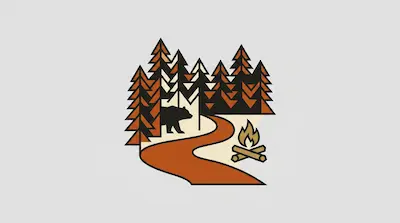 Ocala National Forest illustration with pine trees, black bear, river path, and campfire