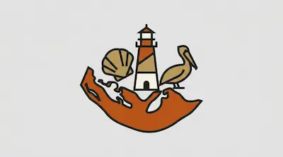 Flat illustration of Sanibel Island featuring a lighthouse, seashell, and pelican on sandy shores