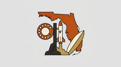 Flat illustration of Space Coast with launching space shuttle, compass rose, and Florida map