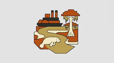 Flat illustration of St. Johns River with winding waterway, steamboat, and cypress forest