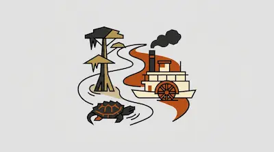 Flat illustration of Suwannee River with steamboat, cypress tree, and swimming river turtle