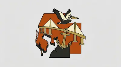 Flat illustration of Tampa Bay with historic sailing ship, anchor, and wooden wharf docks