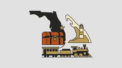 Treasure Coast illustrated with Florida's map, pirate chest, lighthouse, and vintage train in orange and cream tones