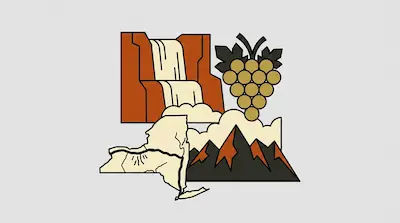 A stylized graphic featuring a waterfall, a bunch of grapes, an outline map of New York state, and mountain peaks.