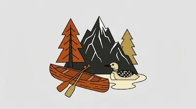 Flat illustration of a wooden canoe with oars, a loon on a lake, and dark mountains with pine trees on a gray background