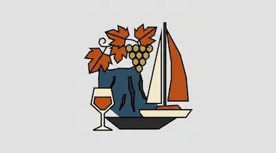 A stylized graphic of a bunch of grapes, a wine glass, and a sailboat against a blue mountain.