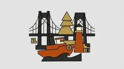 A stylized maritime scene with a bridge, a pine tree, a lighthouse, and a tugboat.