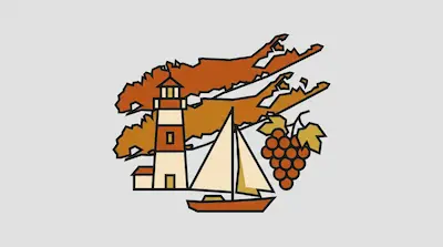 Flat illustration of a lighthouse, a sailboat, and a bunch of grapes over a map of Long Island on a gray background