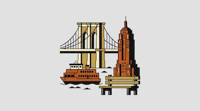 A minimalist graphic of the Brooklyn Bridge, Empire State Building, a ferry, and a park bench.