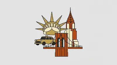 A stylized graphic of New York City landmarks including the Statue of Liberty's crown, the Chrysler Building, the Brooklyn Bridge, and a yellow taxi cab.