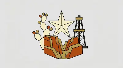 A prickly pear cactus, a five-pointed star, an oil derrick, and a rocky canyon formation.