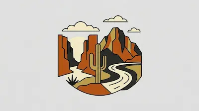 Big Bend National Park illustration featuring red canyon rocks, a tall saguaro cactus, and winding river valley